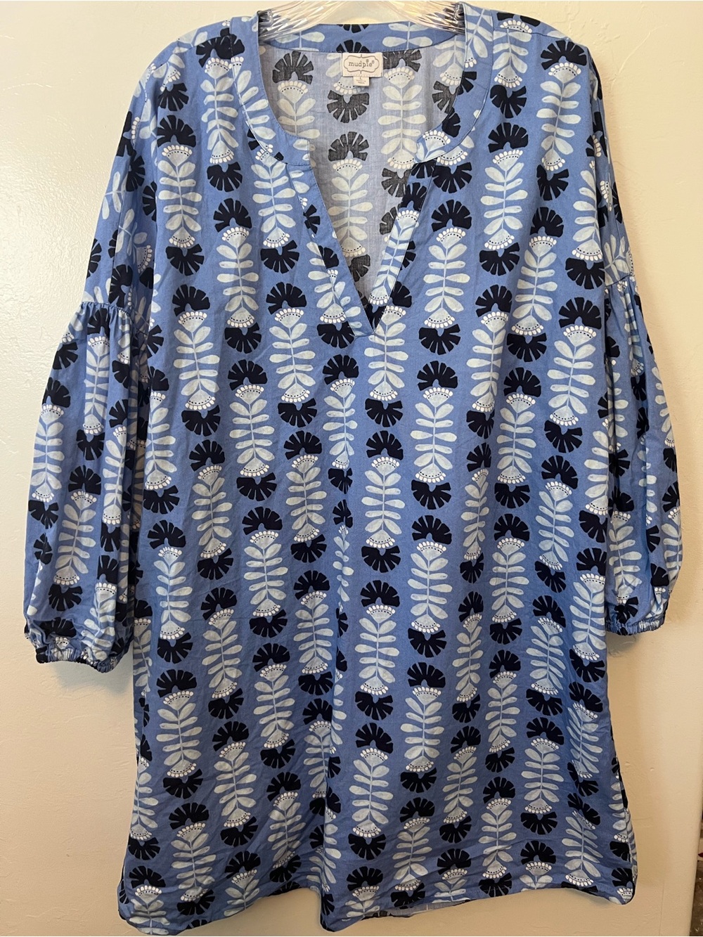Mud Pie-Women’s Pam Blue Ballon Sleeves Dress Size Large floral 100%Cotton